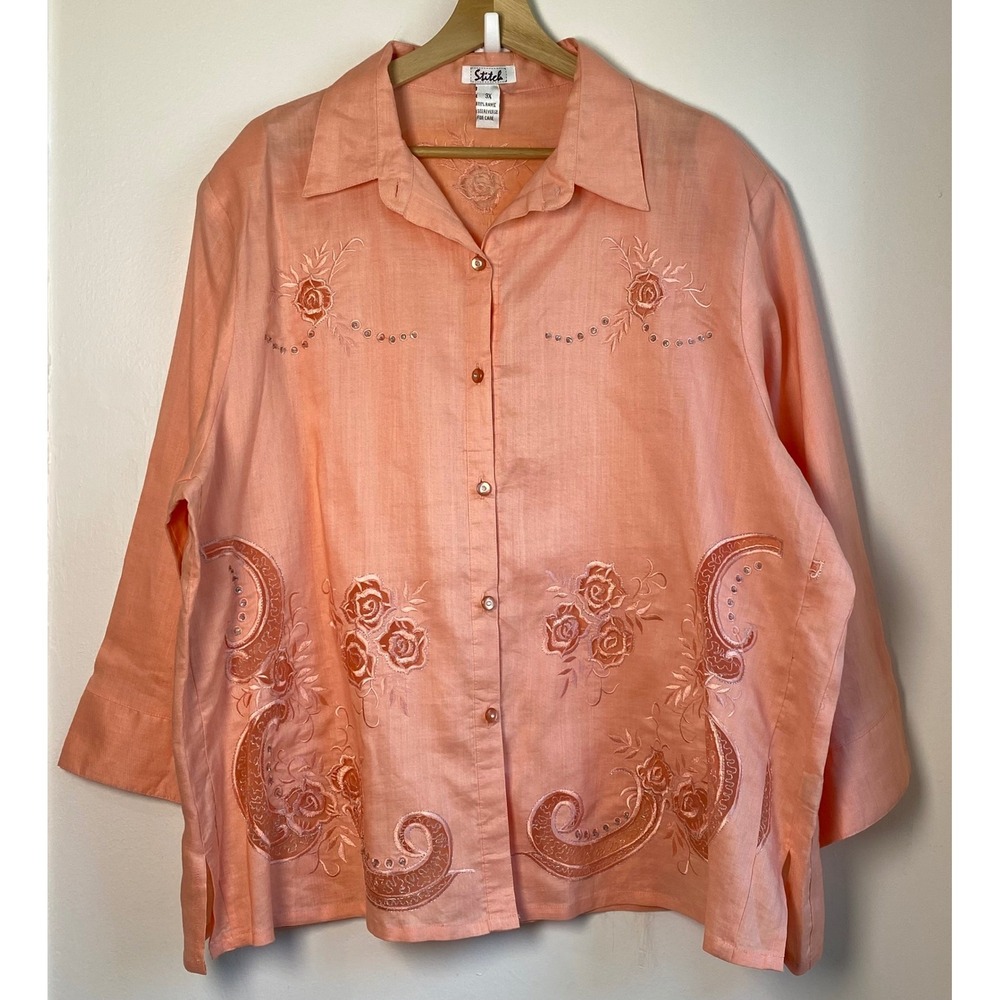 Stitch Button Up Shirt Womens 3X Peach Embroidered Floral Ramie Boho Cottagecore